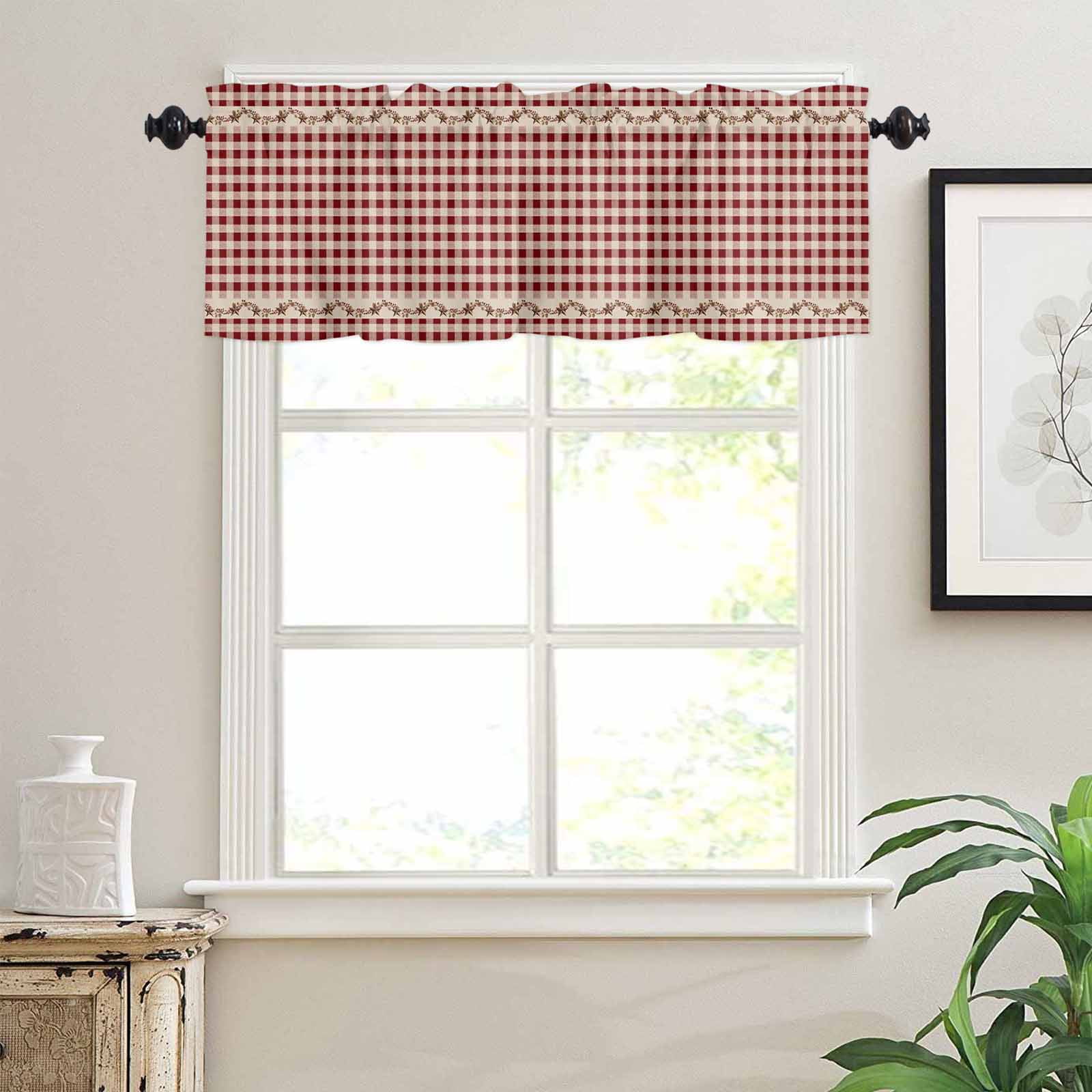 Country Red Buffalo Plaid Kitchen Curtains Valance and Tier Set Retro Star Berries Vine Linen Texture Short Curtains for Small Window 3 Pieces Set for Bedroom Bathroom Cafe (54" x 18"+27" x 36")
