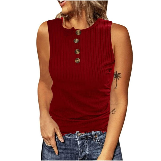 AherBiu Plus Size Going out Tops for Women Ribbed Tank Tops Button Crewneck Slim Summer Cami Shirts