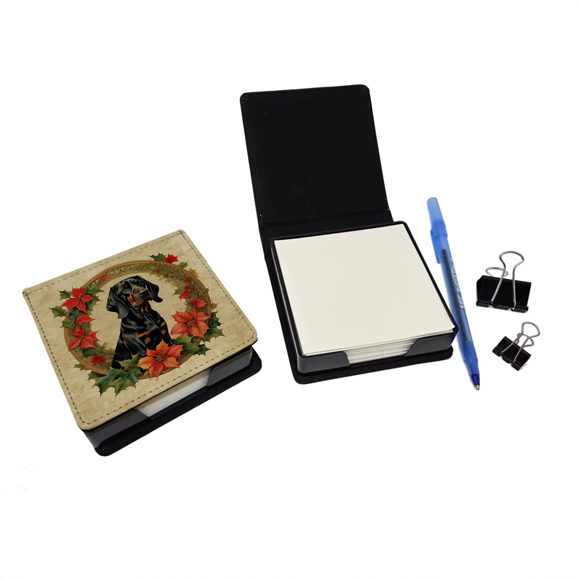 Caroline's Treasures Black and Tan Coonhound Christmas Flowers PU Leather Note Paper Holder with Artist-Designed Cover, Desk Accessory, Office Gift
