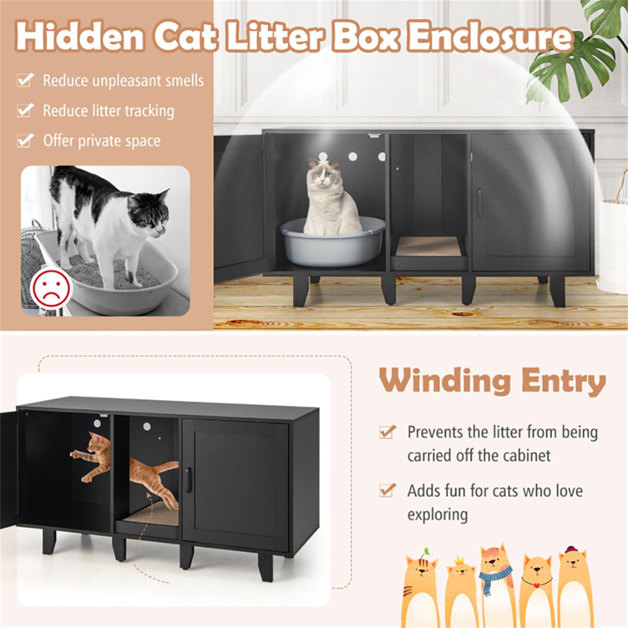 Kadyn 47" Litter Box Enclosure for 2 Litter Boxes, Hidden Cat Washroom with 2 Cabinet House, Scratching Board, Indoor Cat Litter Furniture, Black