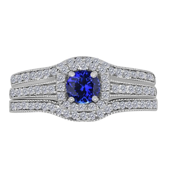 Mauli Jewels Engagement Rings for Women 1.55 Carat Natural Round Shape Tanzanite And Diamond Trio Set Ring Prong-Setting 10K White Gold