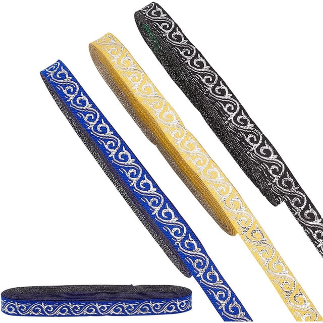 Cinta de poliéster plateada con bordado jacquard de 3 colores y 0,4 pulgadas de ancho, estilo boho, con motivos florales y tejidos.