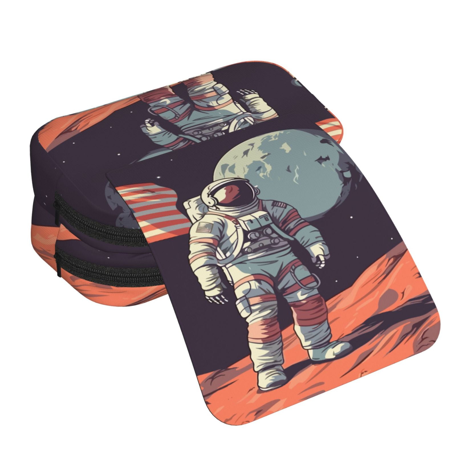 Rateoe Astronaut With American Flag Pattern Double Clamshell Pen Case, Storage Organizer with Two Zipper Compartments– Holds Up to 50 Pencils & Pens