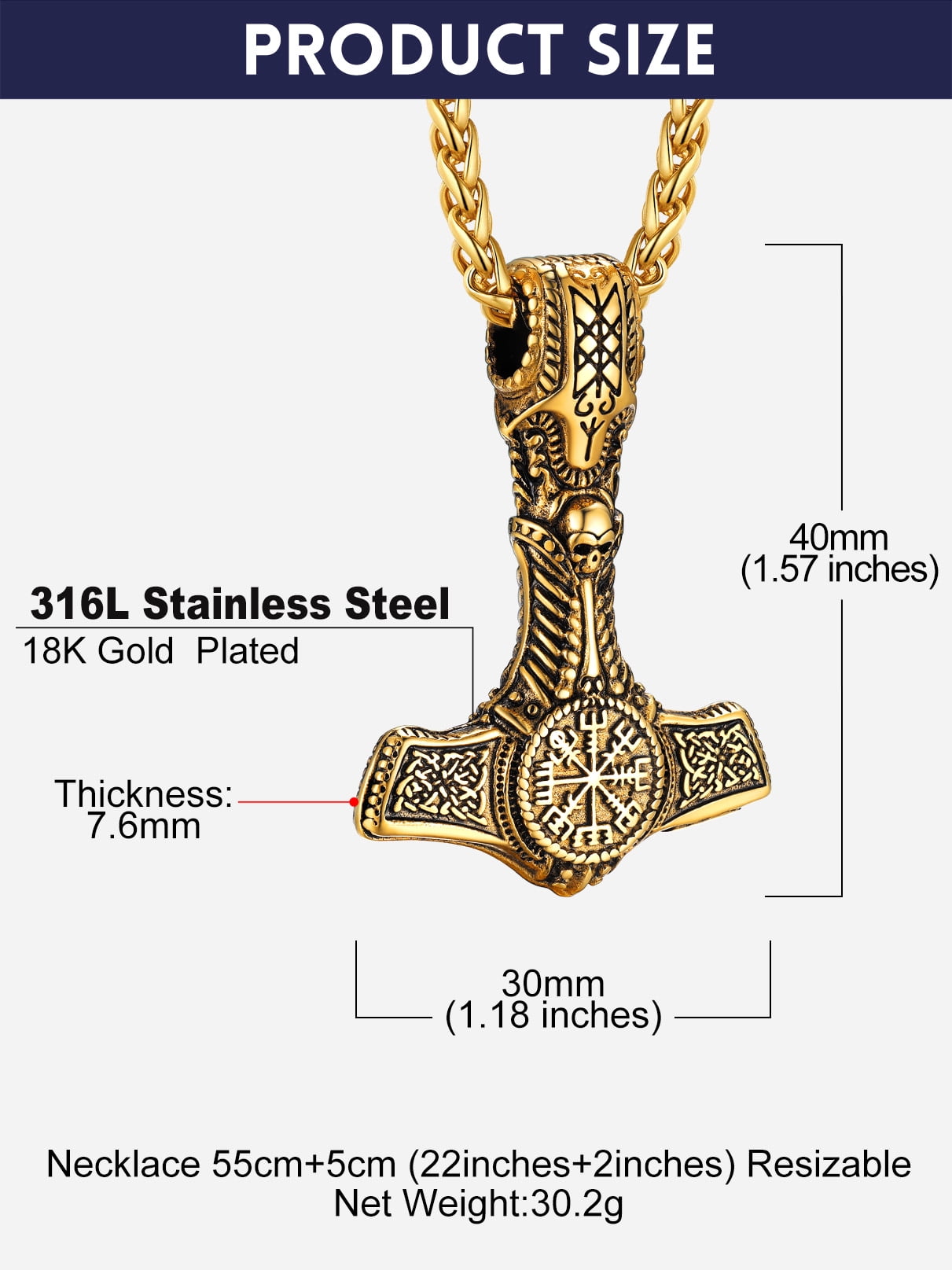 Bandmax Mens Black Thor Hammer Pendant with Compass Design Necklace 14K Gold Plated Mjolnir Thors Viking Nordic Pendant Chain for Men Gift