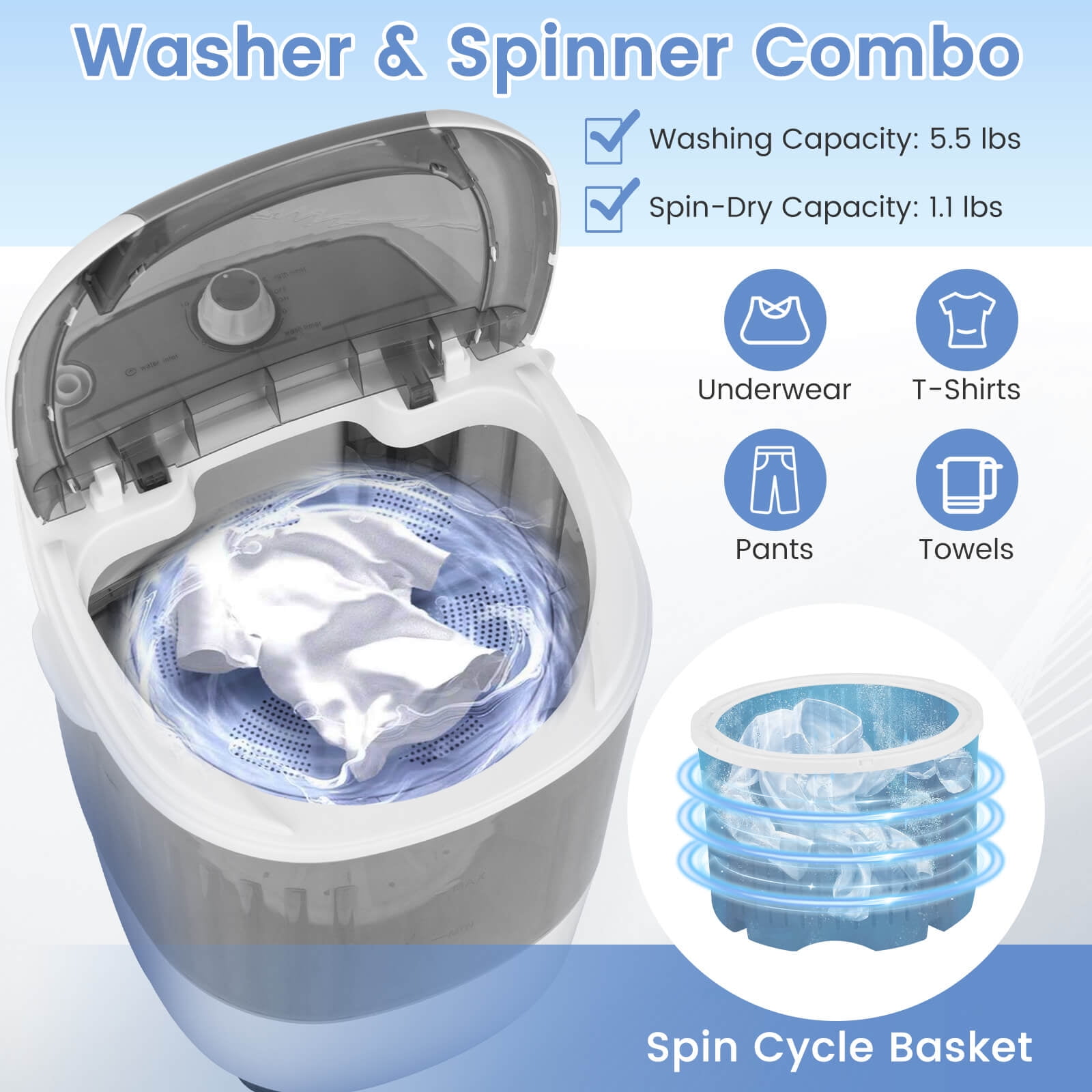Costway Portable Mini Counter Top Washing Machine 5.5lbs Spin Basket Laundry Grey