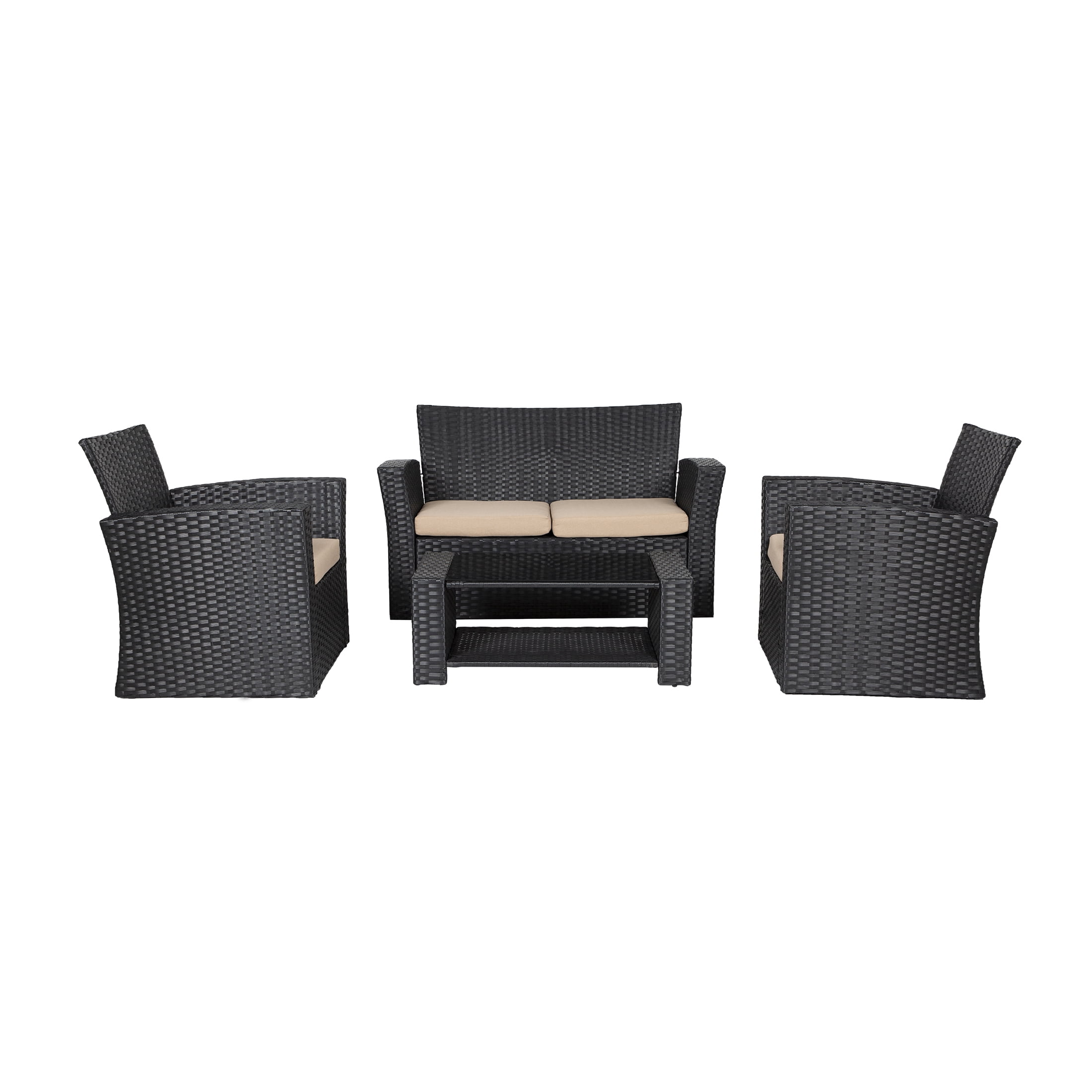 4-Piece Conversation Outdoor Patio Sofa Set with Cushions, Black/Beige