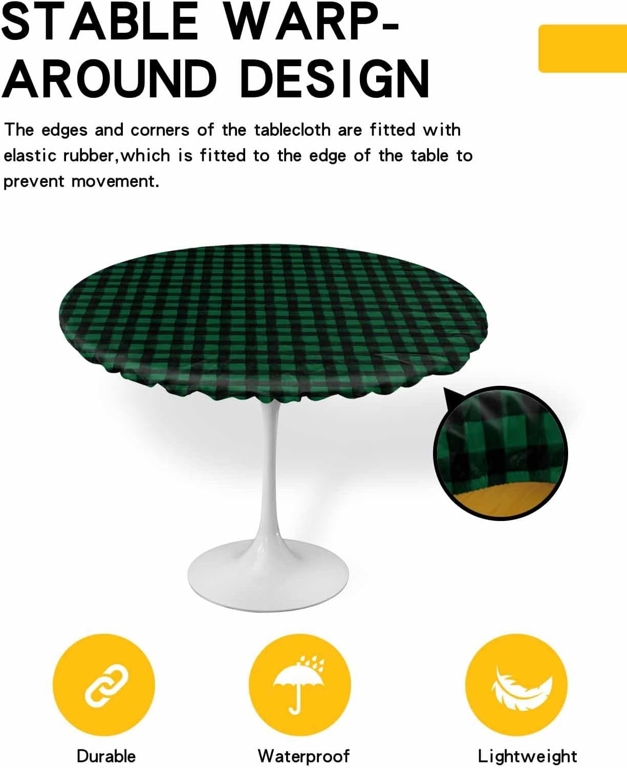 St Patrick''s Day Fitted Table Round Cover,Dark Hunter Green and Black Plaid Waterproof Elastic Edged Tablecloth,Buffalo Checker Table Covers Tabletop Protector for Indoor Outdoor Dinner Party Decor