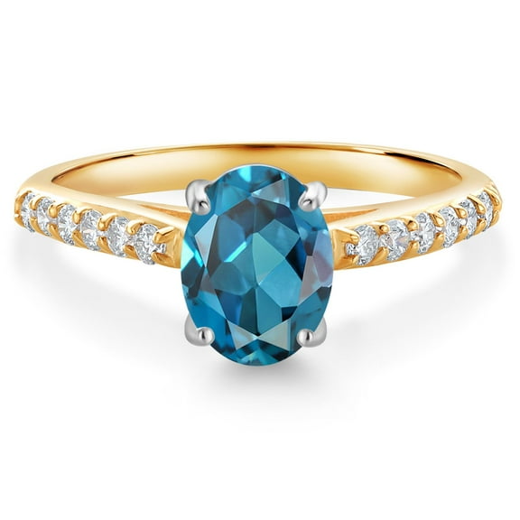 Gem Stone King 10K Yellow and White Gold London Blue Topaz and White Lab Grown Diamond Engagement Ring for Women (1.68 Cttw, Oval 8X6MM, Gemstone November Birthstone, Size 7)