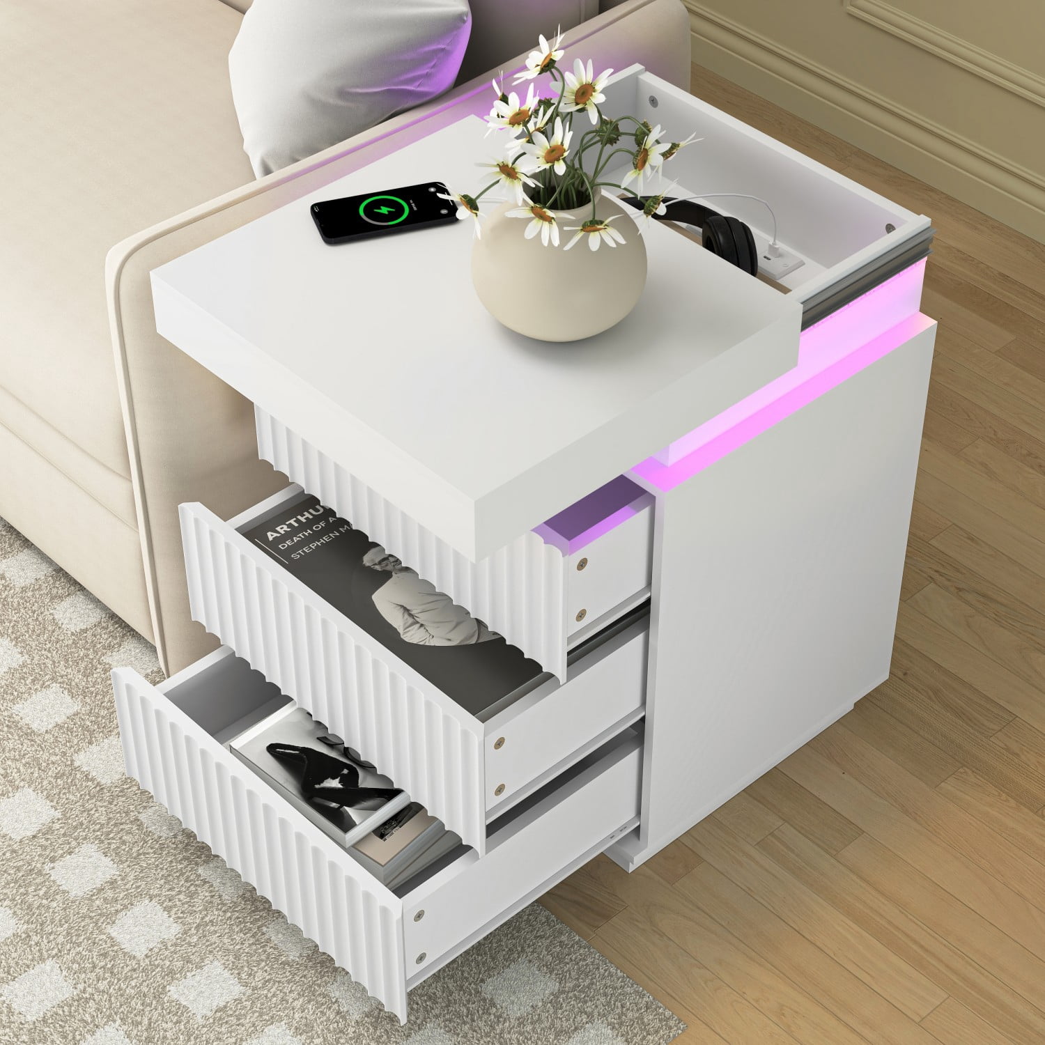 Set of 2 White Nightstands with Charging Station & LED Lights, Fluted Wave Panel Bedside Tables with Hidden Sliding Top Storage, 3 Drawer Night Stands for Bedroom & Living Room