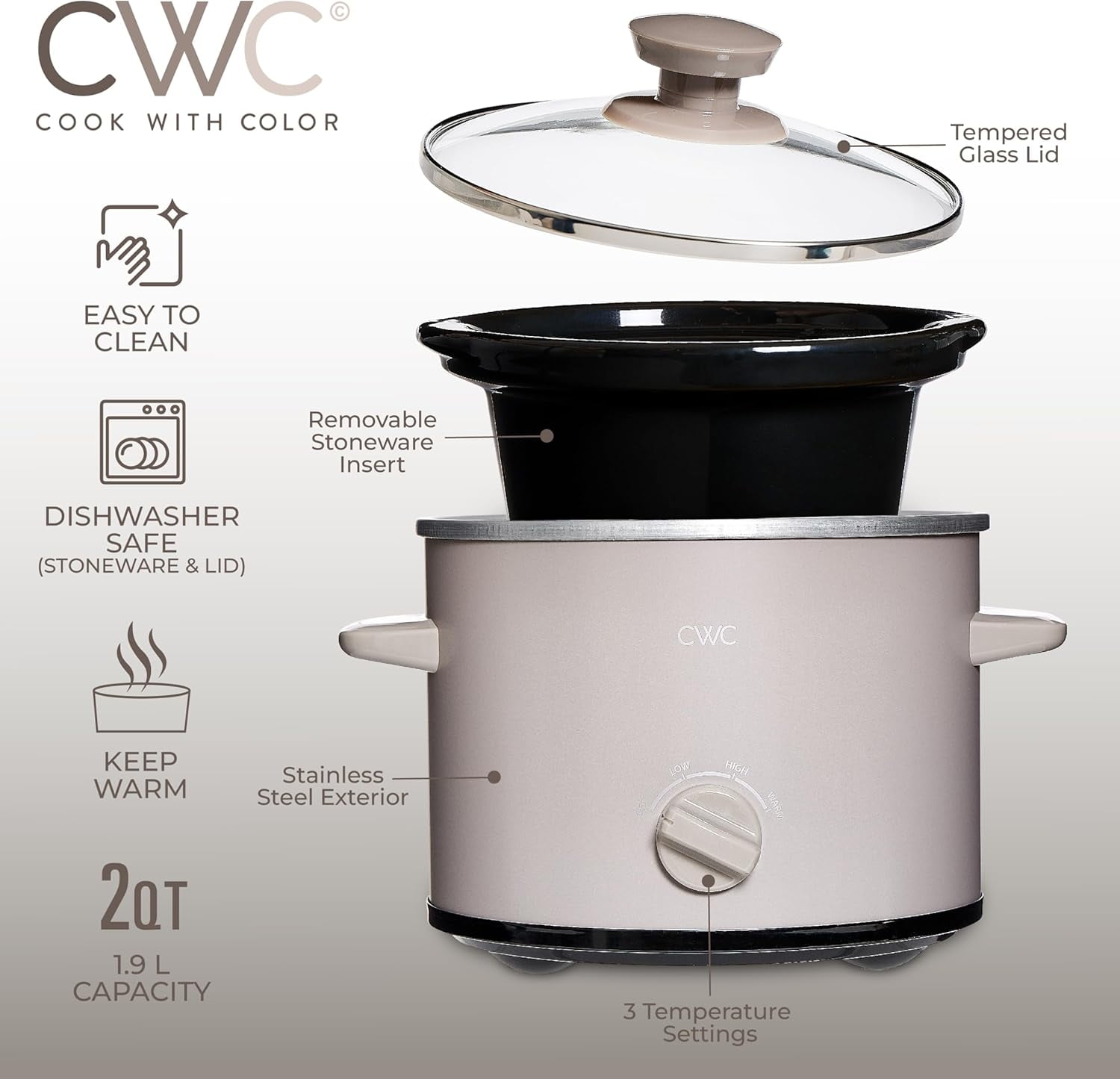 COOK WITH COLOR Slow Cooker, Crock Pot, 2-Quart Removable Stoneware Mini Crock Pot, Beige