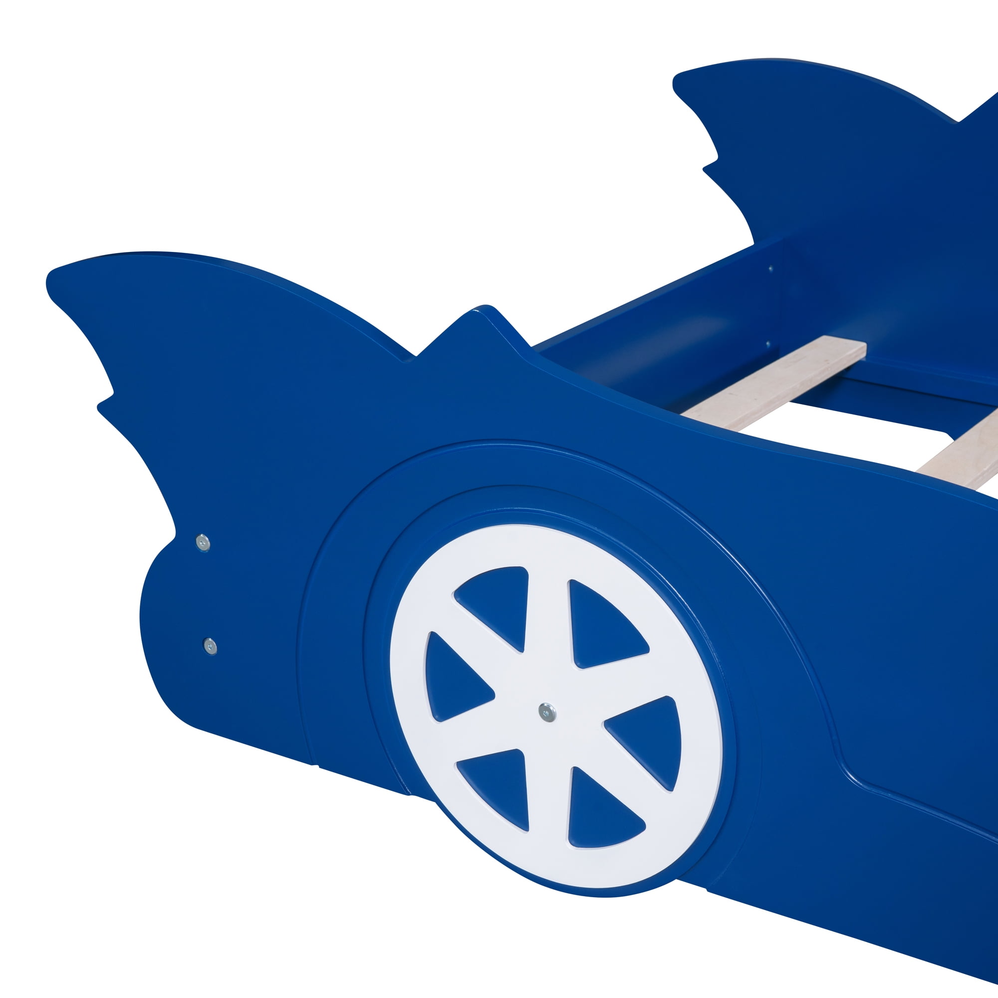 Solid Wood Race Car-Shaped Platform Bed with Wooden Slats, Bed with Wheels, Platform Bed with Headboard and Footboard, No Box Spring Needed (Blue,Twin)