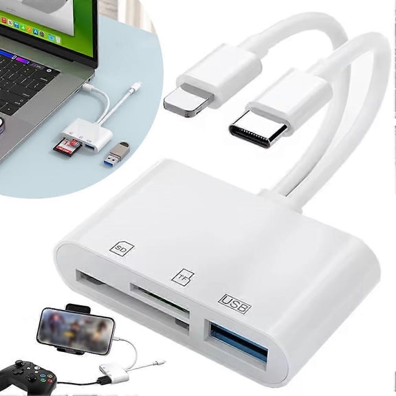 5-in-1 SD Memory Card Reader for iPhone Androids Camera, USB C and Lightning Dual Port SD Card Adapter, Supports SD/Micro SD/USB 3.0
