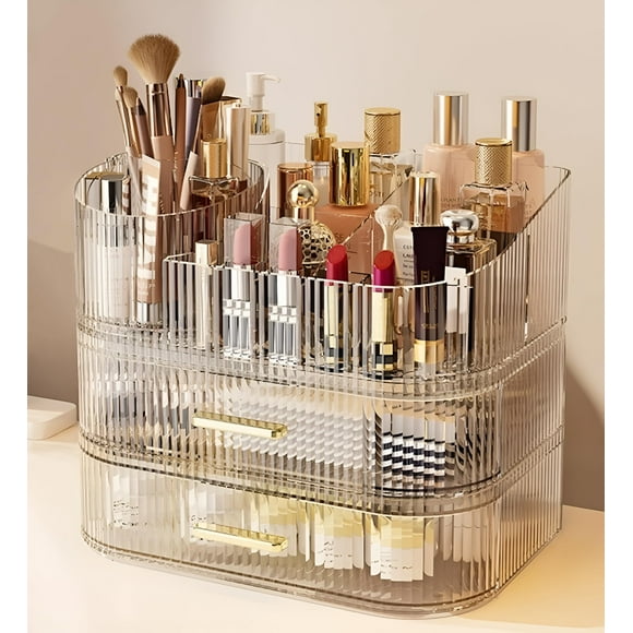 Organizador de maquillaje SpaceLuxe con cajones y cepillo giratorio de 360°