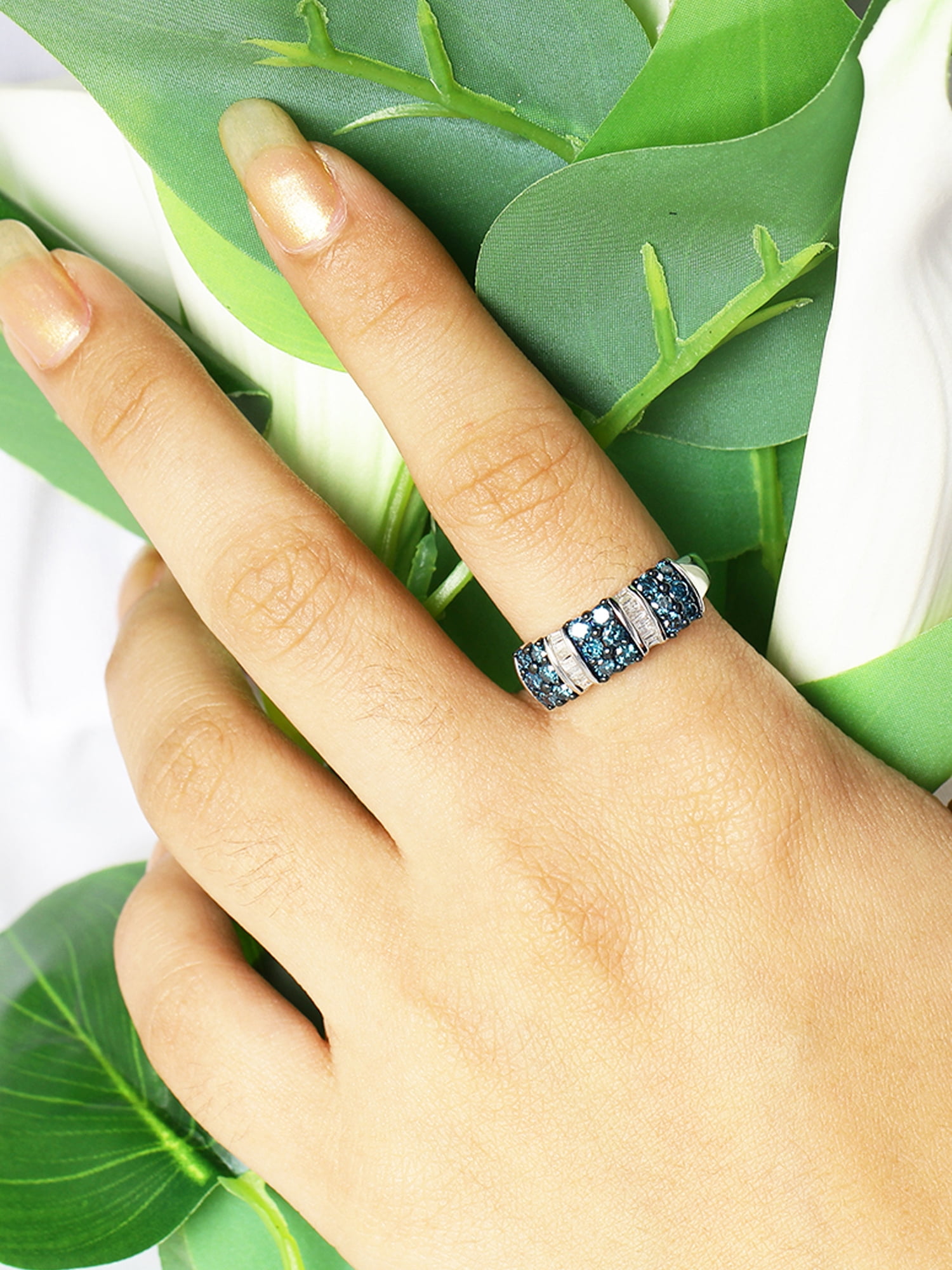 JewelersClub Sterling Silver Blue & White 1 Carat Diamond Ring for Women| Dual-Colored Ring Band with Round Diamonds