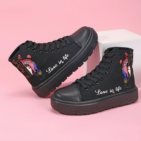 

High Top Thick Bottom Black Canvas Shoes Women‘s Letter & Peking Opera Character Pattern Lace-up Casual Shoes