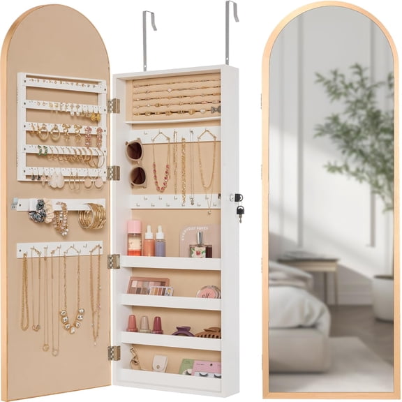 Sunny Lane Arch Mirror Jewelry Cabinet, Jewelry Storage Organizer, Armoire, Lockable Wall or Door Mountable, Full-Length Mirror - Gold