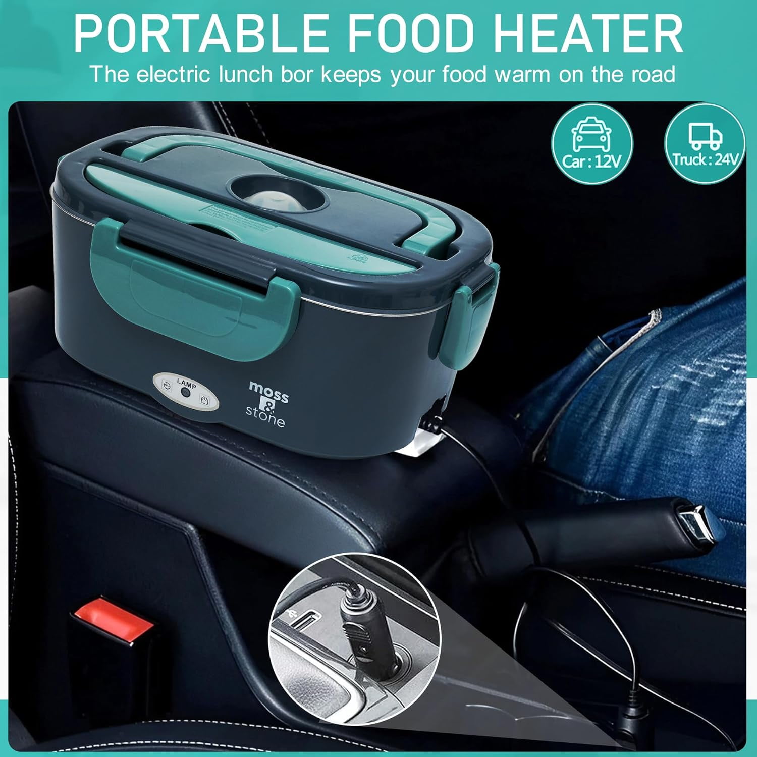 Moss & Stone Electric Lunch Box Food Heater for Adults Green & Gray Food Warmer Lunch Box, 12/24/110v Lunch Box Warmer Portable For Work/Car/Truck, Fork & Spoon & 1.5L Removable S.S Container