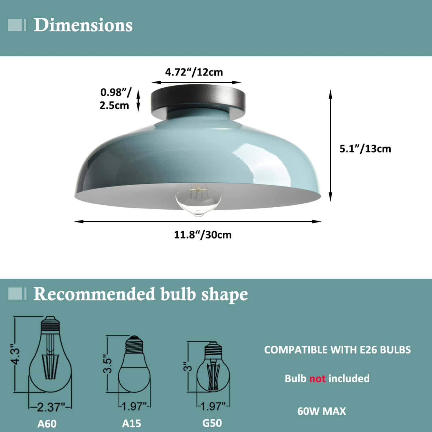 Claxy 12" Aqua Blue Flush Mount Ceiling Light with Dome Metal Shade