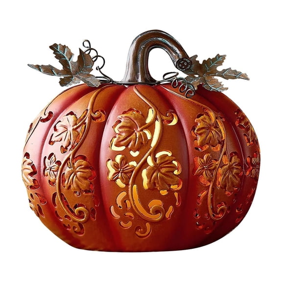7-Inch Oversized Gourd Pumpkin Decoration with Hollow Vine Pattern and Flickering LED Candlelight Effect Resin Decorative Lamp for Halloween Thanksgiving Indoor Outdoor