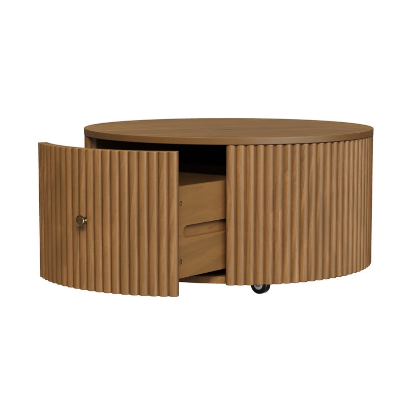 30.3'' Round Fluted Design Coffee Table with Rolling Casters & Dual Hidden Storage Drawers, Drum Base Center Cocktail Table