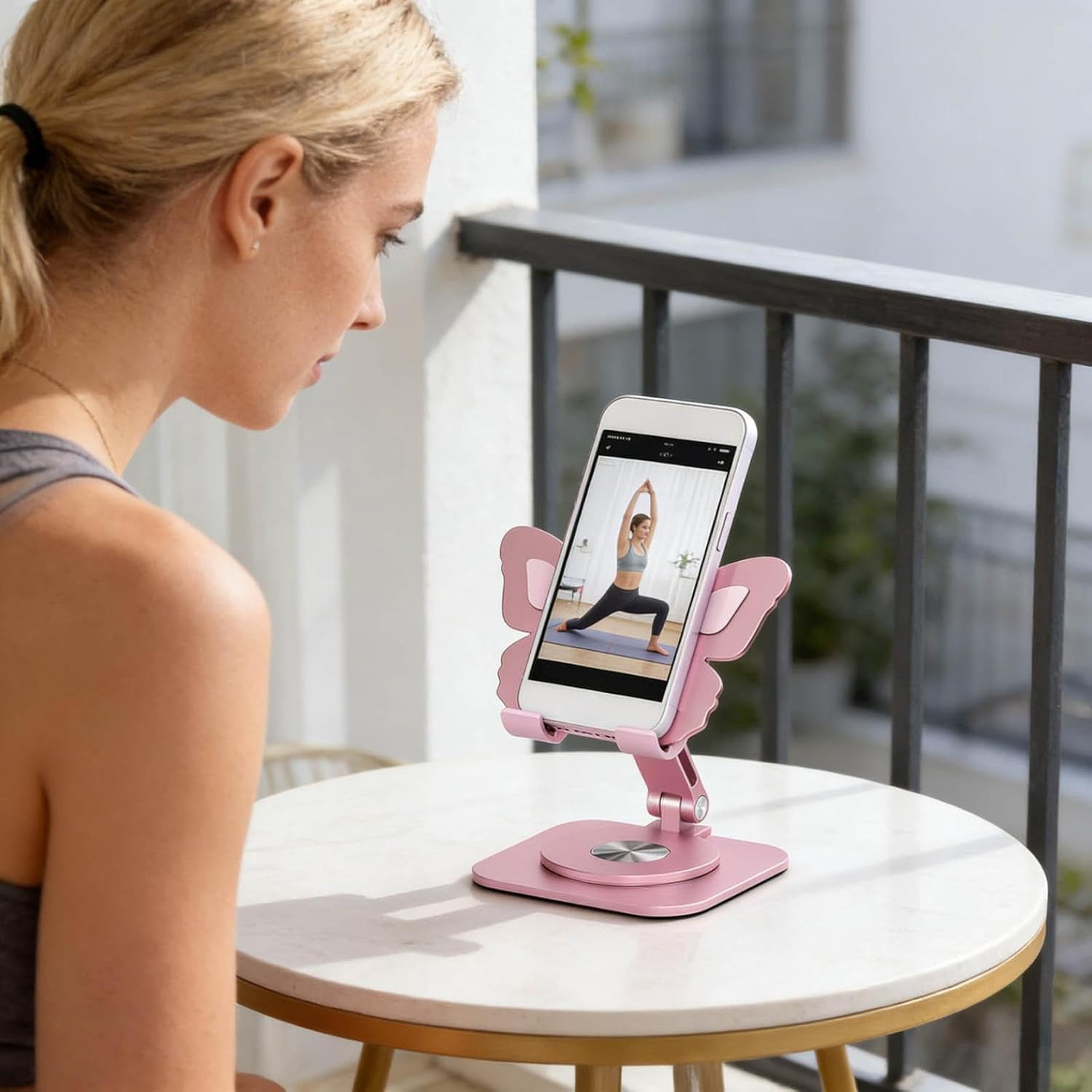 Butterfly Phone Holder Stand, 360° Rotating Aluminum Alloy Desktop Stand – Multi-Angle Adjustable Foldable Dock for Home, Office, Travel, Pink, Compatible with All Smartphones