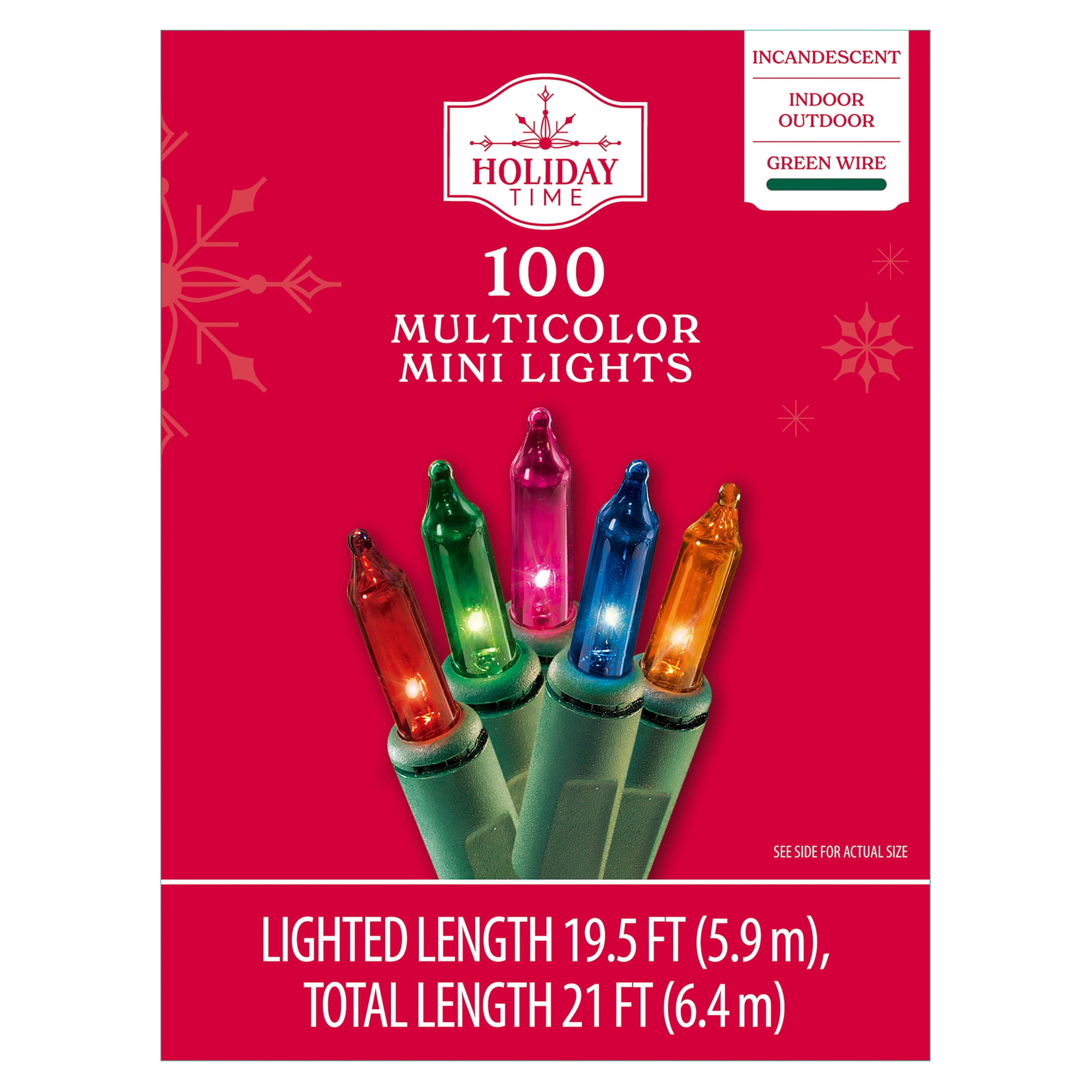 Indoor/Outdoor 100-Count Incandescent Mini Christmas String Lights, Multicolor, Green Wire, 19.5', by Holiday Time