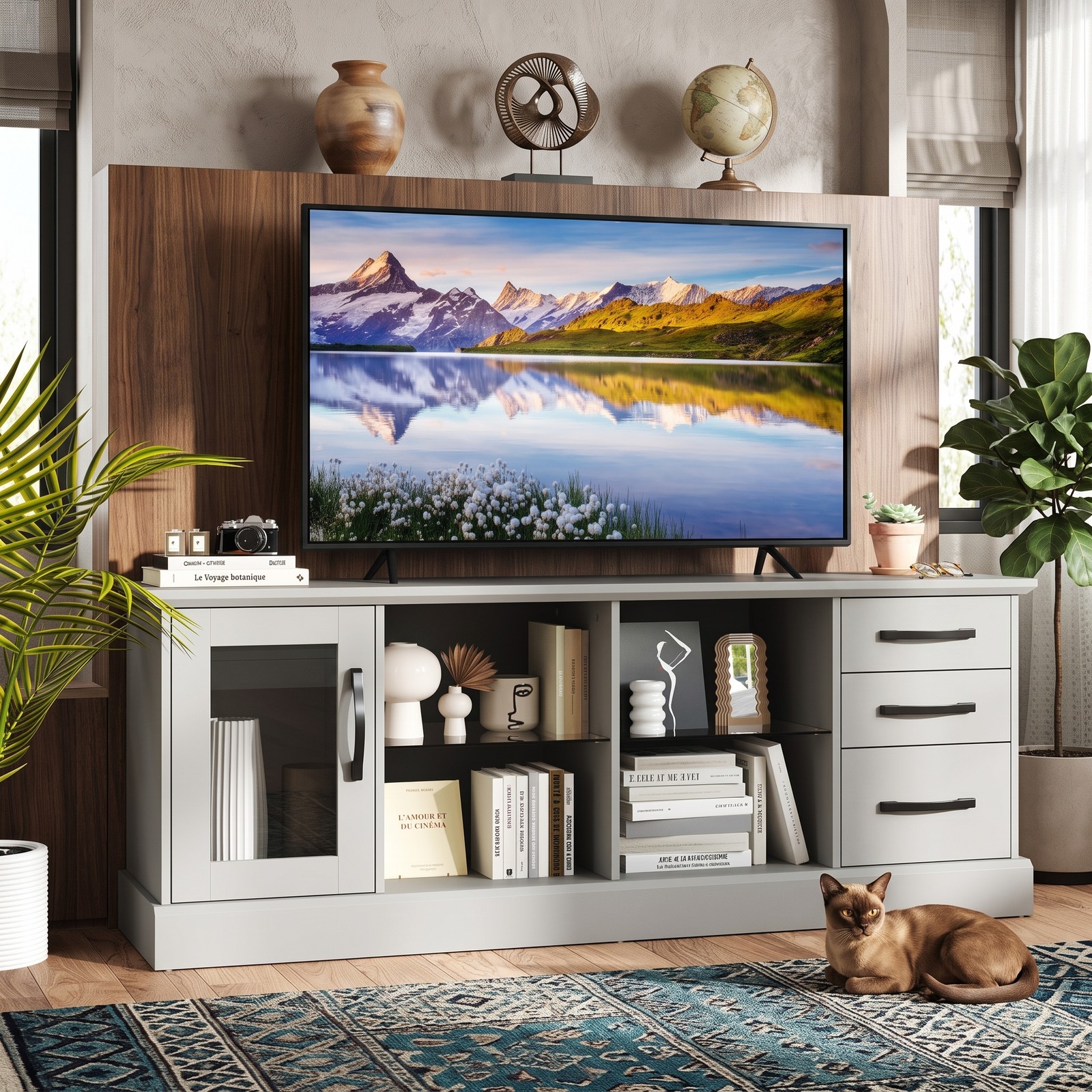 Furnibear 63 Inch Media Console TV Stand for TVs up to 73", Modern Entertainment Center with 3 Drawers, 2 Removable Glass Shelves & Cable Management for Living, Gray