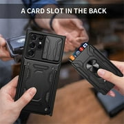Wallet Case for Samsung Galaxy S25 Ultra with Camera Cover & Kickstand, Sliding Lens Protection Card Holder Slot 360°Rotate Ring Hybrid Rugged Bumper Cover for Samsung S25 Ultra, Black