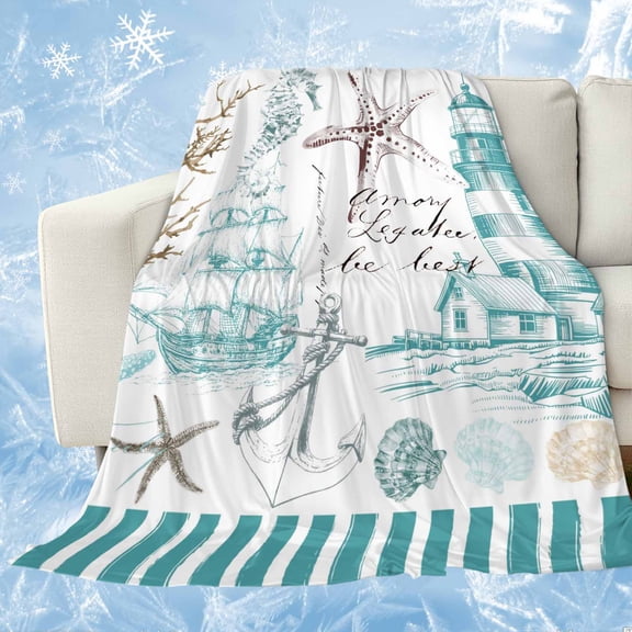 Turquoise Ocean Cooling Blanket,Lightweight Breathable Summer Throw Blanket with Double Sided Cold Effect,Coastal Nautical Lighthouse Starfish Picnic Blankets Bed Sheet for Hot Sleepers 50"x60"