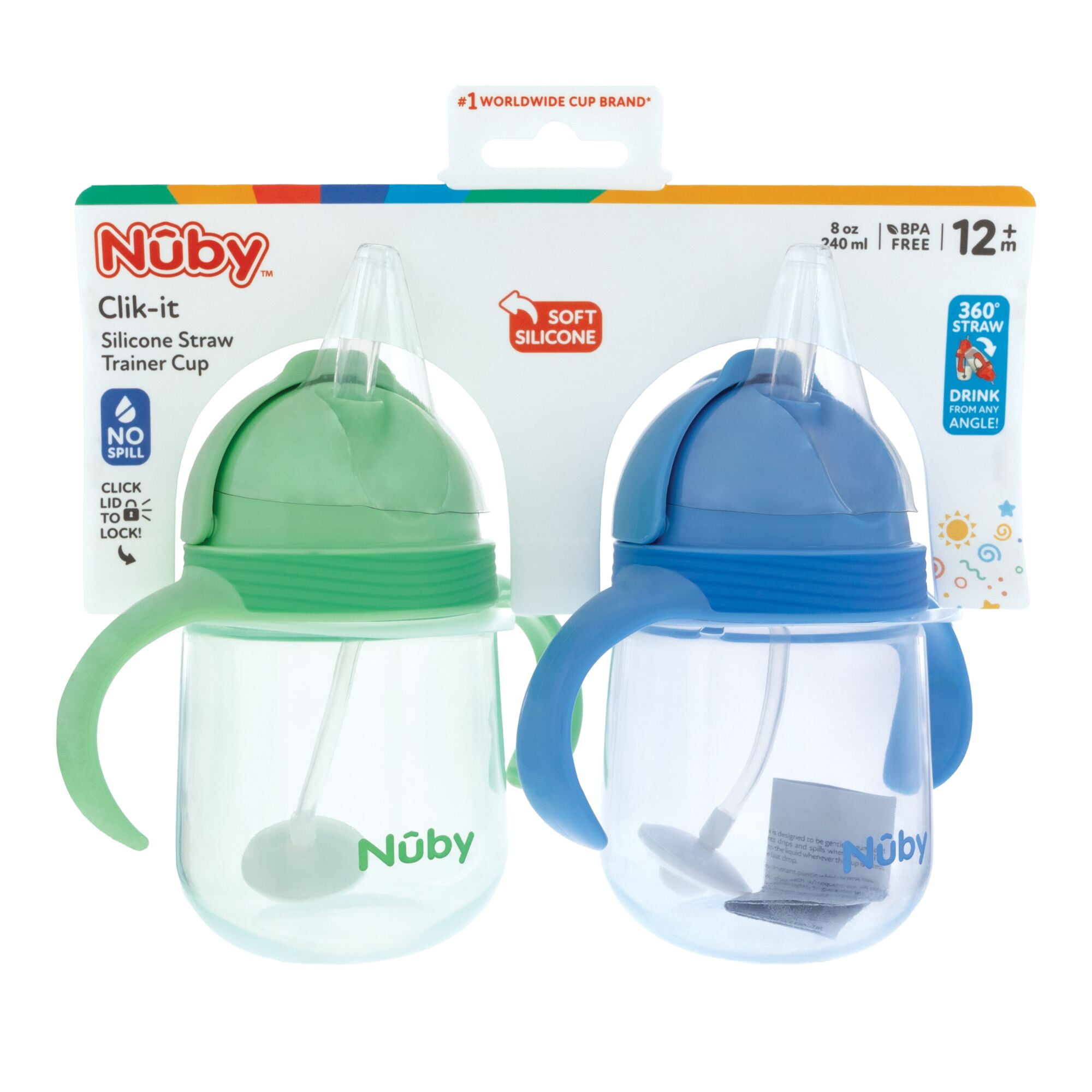 Nuby's Clik-It 2-Handle Silicone Trainer Cup with Weighted Straw for Toddlers, ages 12 months+, Blue/Green, 2 Pack