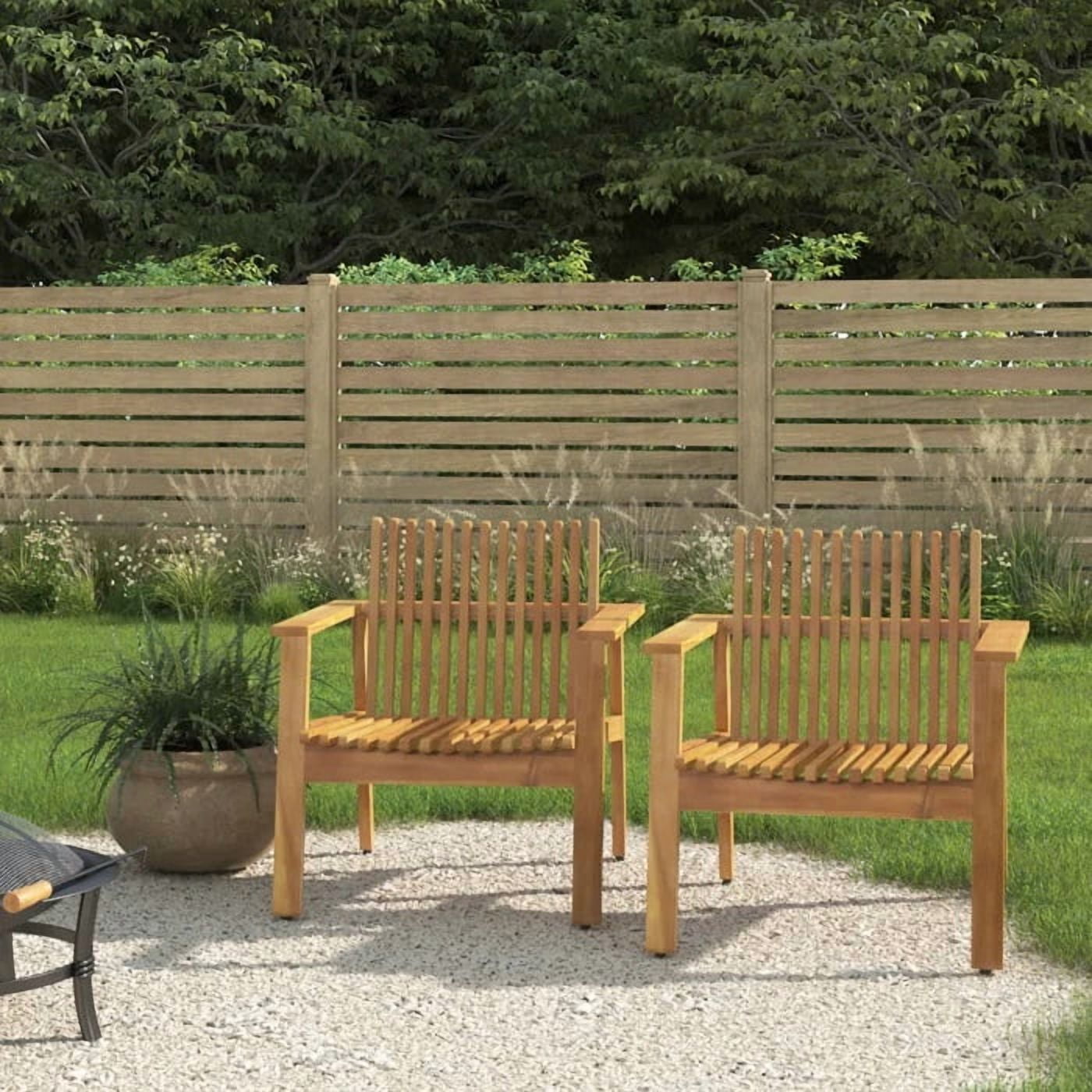 Outdoor Slatted Single Chair Set of 2, Acacia Wood Frame Leisure Seats for Patio Garden, Teak Finish