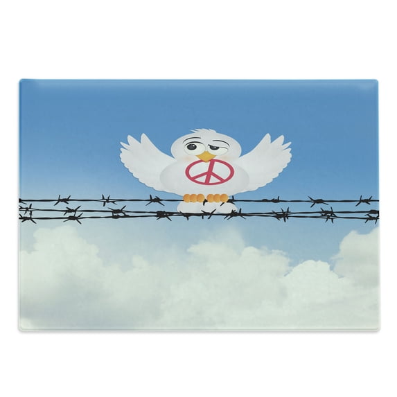 Bird on a Wire Cutting Board, Inspirational Cartoon Style Winged Animal Holding the Peace Sign, Decorative Tempered Glass Cutting and Serving Board, in 3 Sizes, by Ambesonne