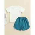thumbnail image 4 of TSEXIEFOOFU Kid Baby Girl Short Pants Outfits, Short Sleeve Letter Printed White T-Shirt + Elastic Waist Ruffles Hem Shorts Set, 4 of 9