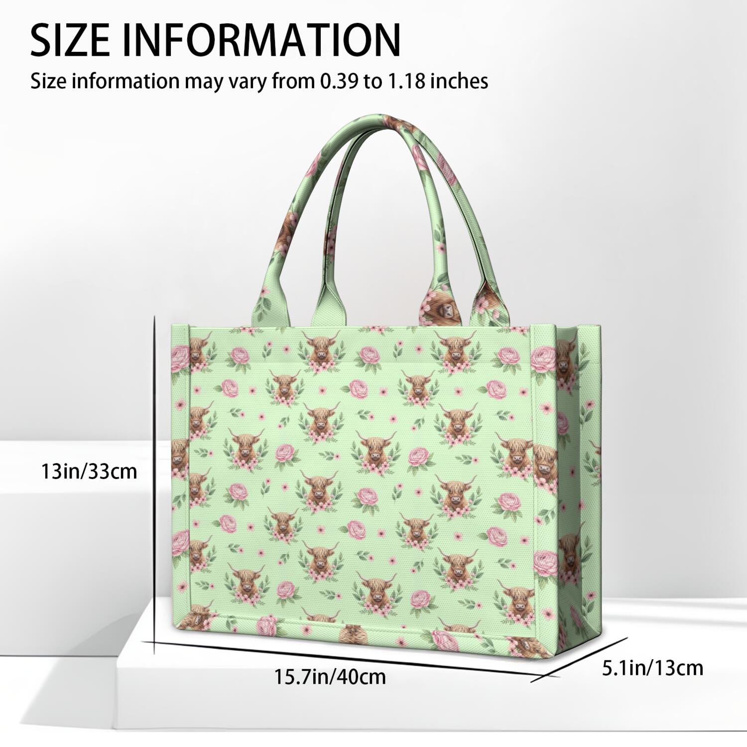 Large Capacity Tote Bag,Green Highland Cow Flower Pattern Handbag Fashion Luxury Tote Bag,15.7"x13"x 5.1" Inches,Laptop Compatible