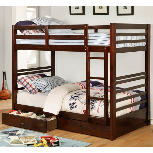 Furniture of America Luke Wood Bunk Bed with Drawers, Twin/Twin, Walnut