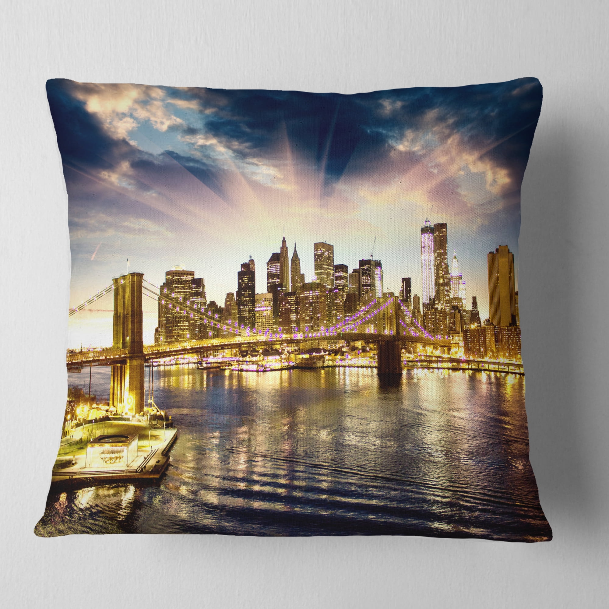 Designart Brooklyn Bridge and Manhattan Skyline - Cityscape Throw Pillow - 16x16