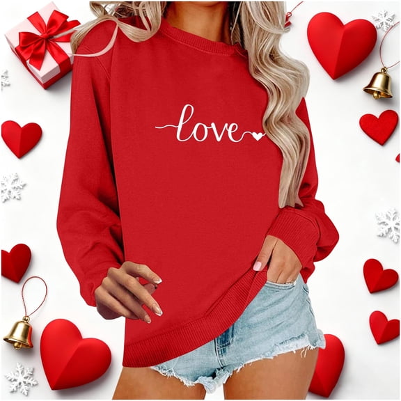 Itsame Women Long Sleeve T-Shirts Valentine's Sweatshirt Loose Crew Neck Tops Red Size M