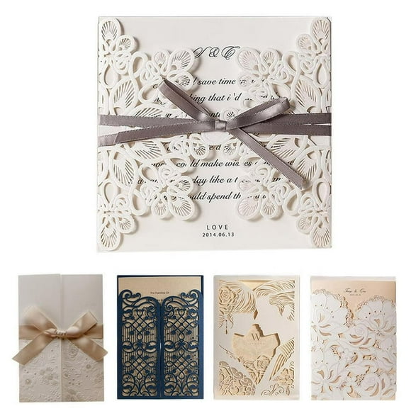 Hollow Invitation Wedding Card Innovative Invitation Letter Welcome Post Card Customized White Ribbon with Outer Card+Inner Customized Sheet