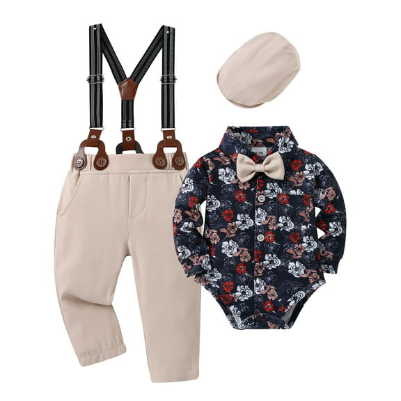 CARETOO Newborn Baby Boy Clothes Formal Long Sleeve Floral Dress Shirt Suspender Pants Tie Outfit