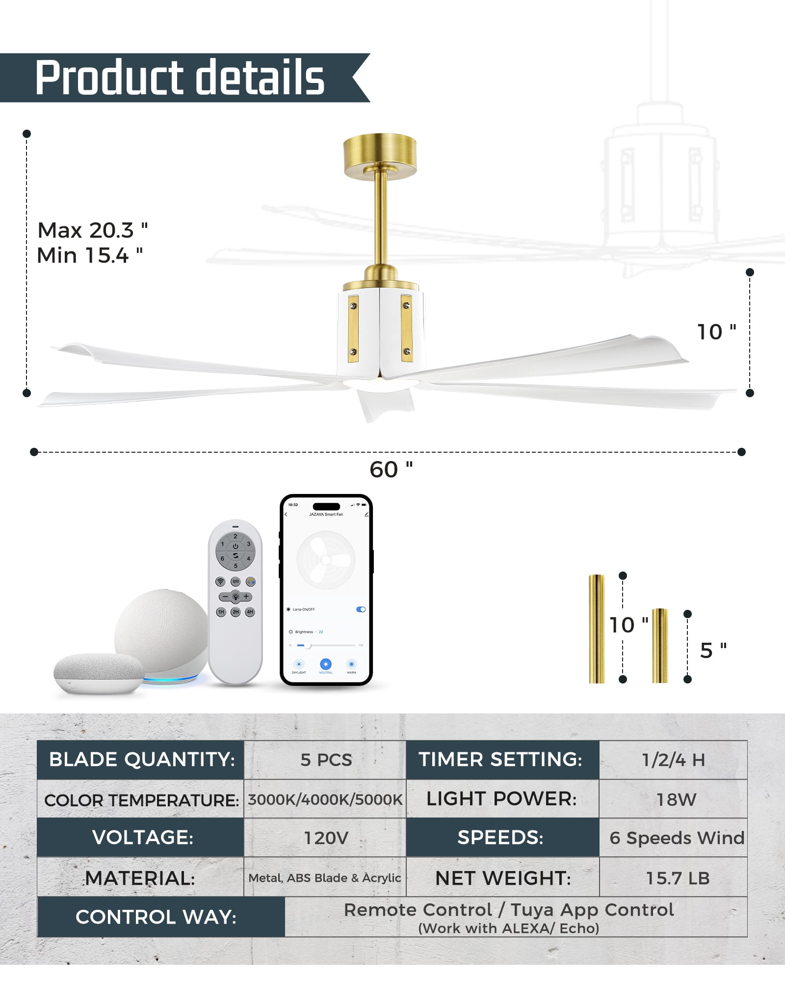 Ltmate 60" Smart Ceiling Fan with Light: Gold & White,Quiet DC Motor
