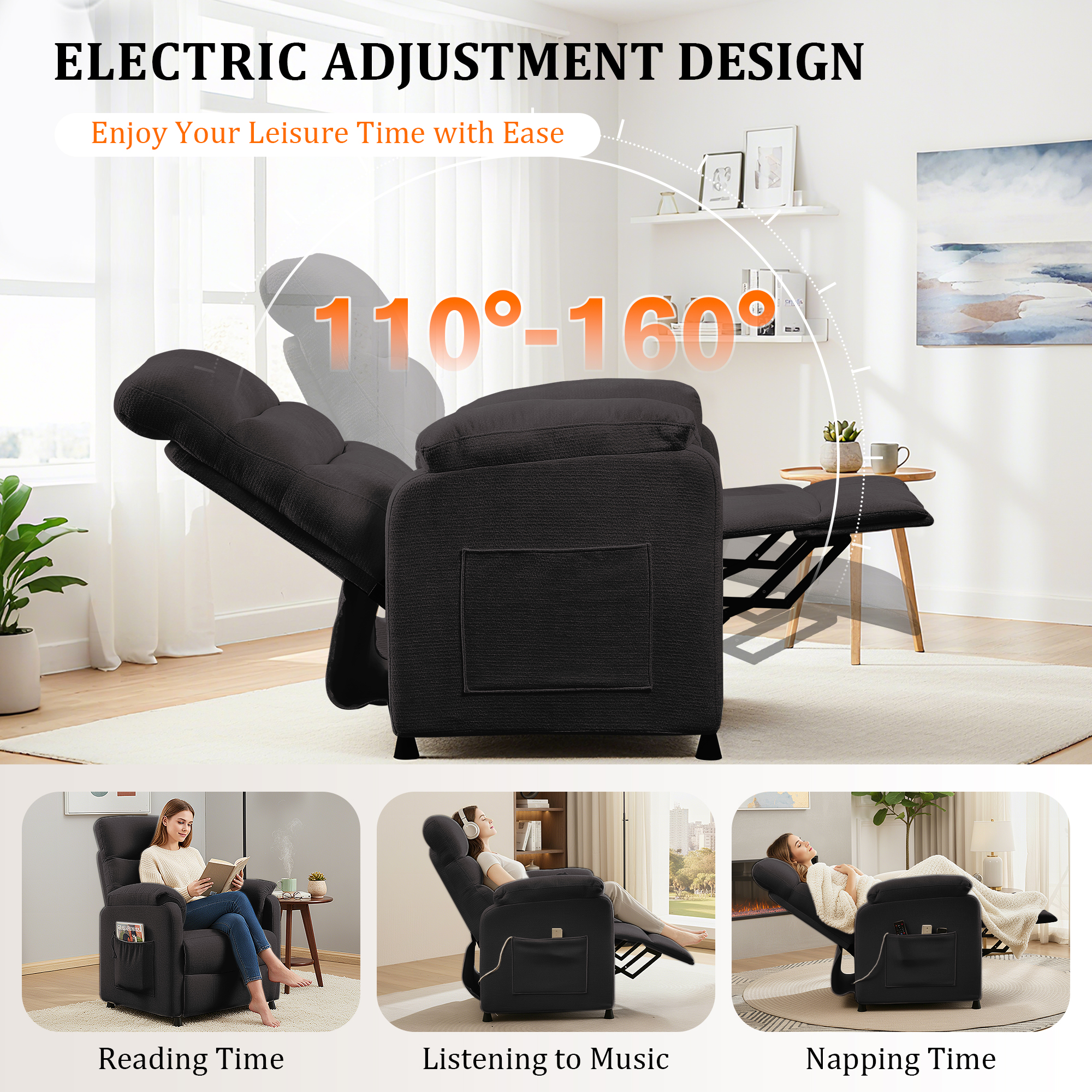 Miniyam Power Theater Chair in Black, 7-Zone Support, Full Steel Frame & 350Lbs Capacity for Home Theater