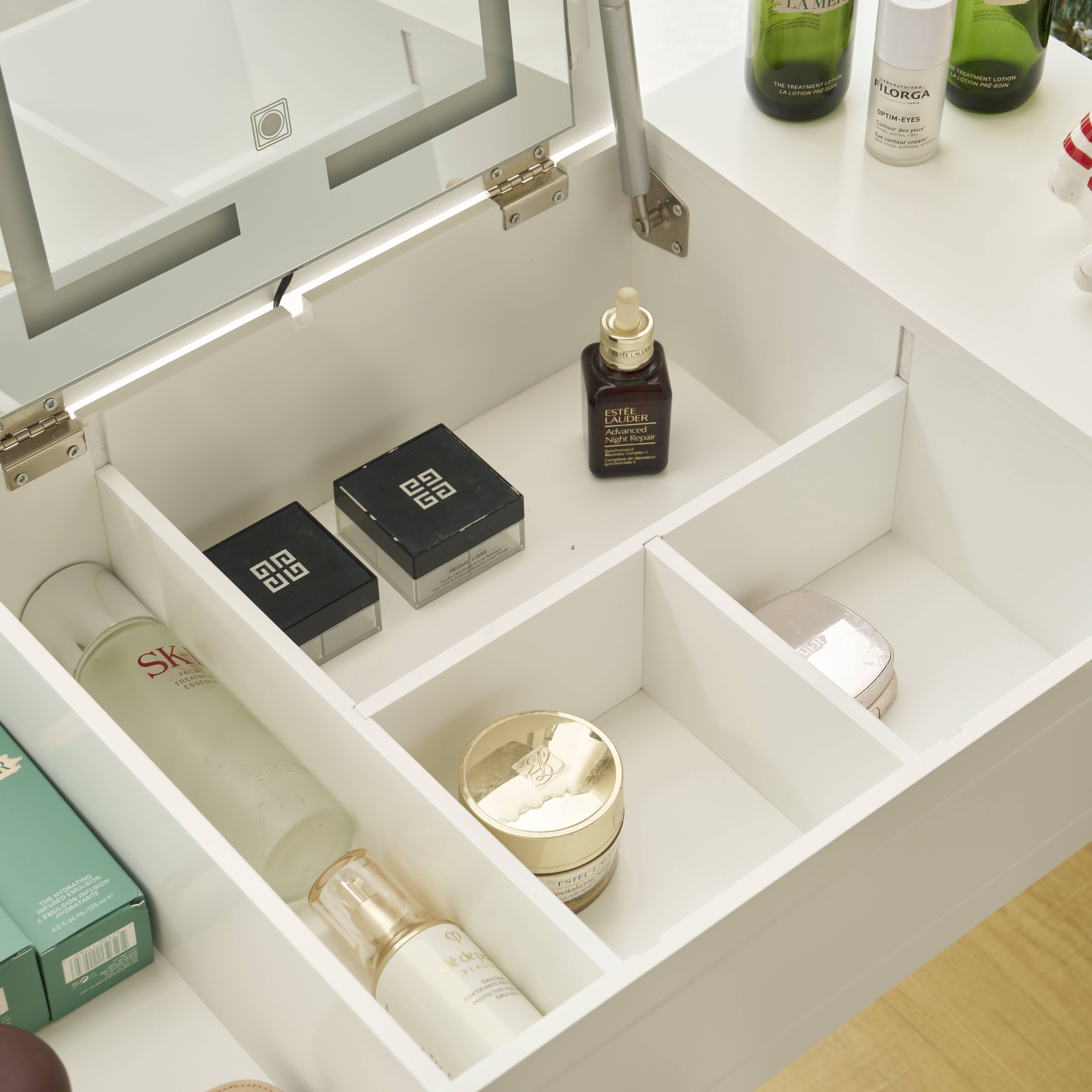 Ktaxon Lighted Makeup Vanity Table Set,Flip-top Mirror Dressing Table with LED Light, Writing Desk with Drawer and Stool, White
