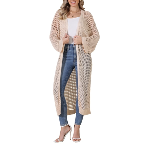 INSPIRE CHIC Crochet Long Cardigan for Women's 3/4 Sleeve Hollow Out Lightweight Knit Loose Sweater S Beige