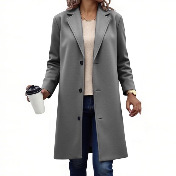 IMENGL Lapel button down long sleeve wool coat, Gray 2XL, Size M-3XL