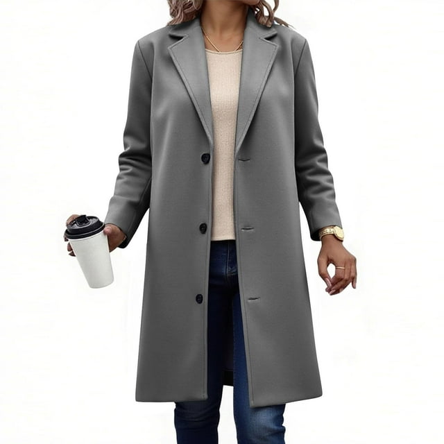 Baberdicy Women's Mid-Length Wool Blend Coat, Classic Tweed Overcoat for Autumn Winter , Mid-Length Wool Coat, Solid Overcoat, Classy Winter Jacket Grey Xl
