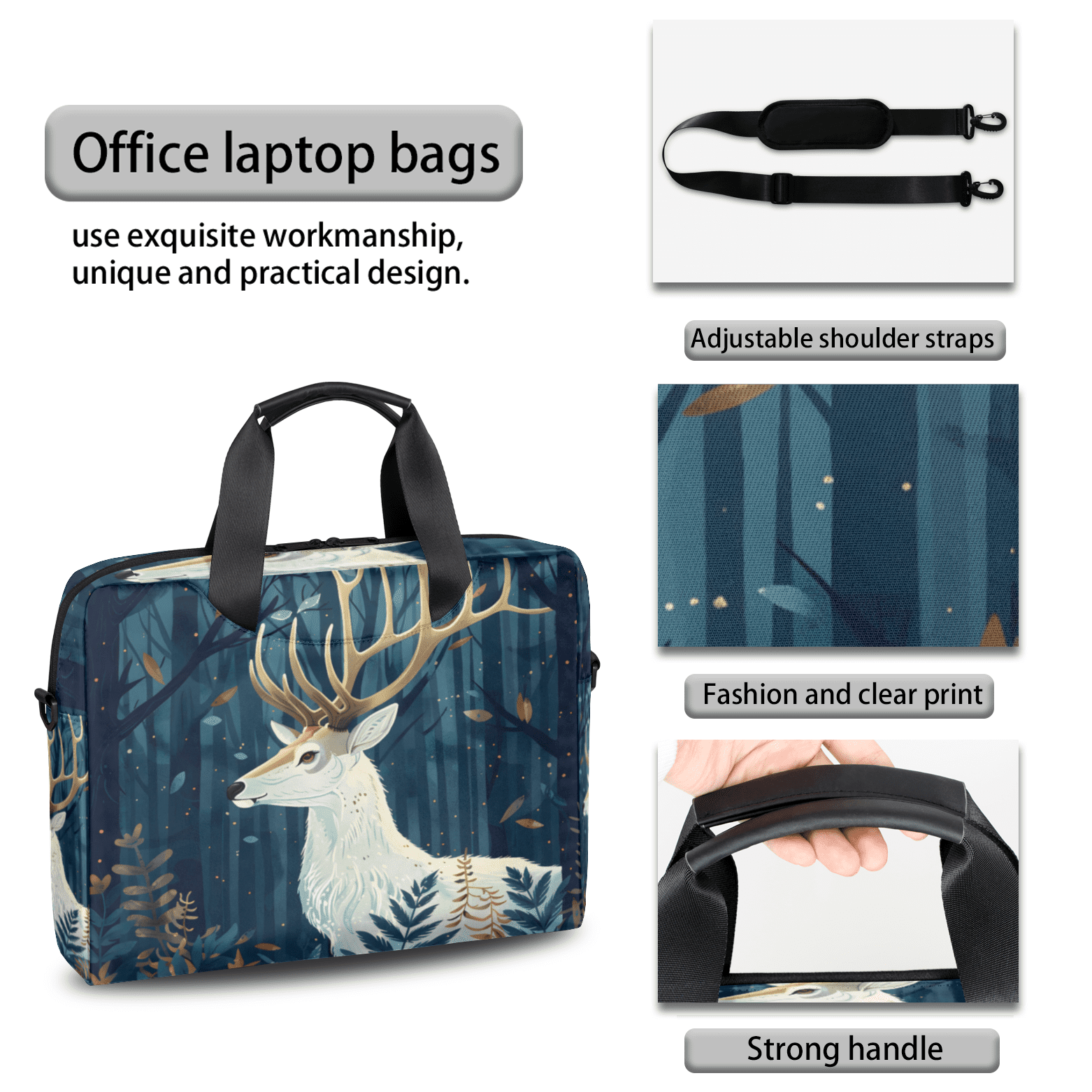 Herdesigns Forest Deer Laptop Bag for Women Men, Computer Case Briefcase Messenger Bags, 15-15.6 inch Laptop Sleeve Shoulder Bag