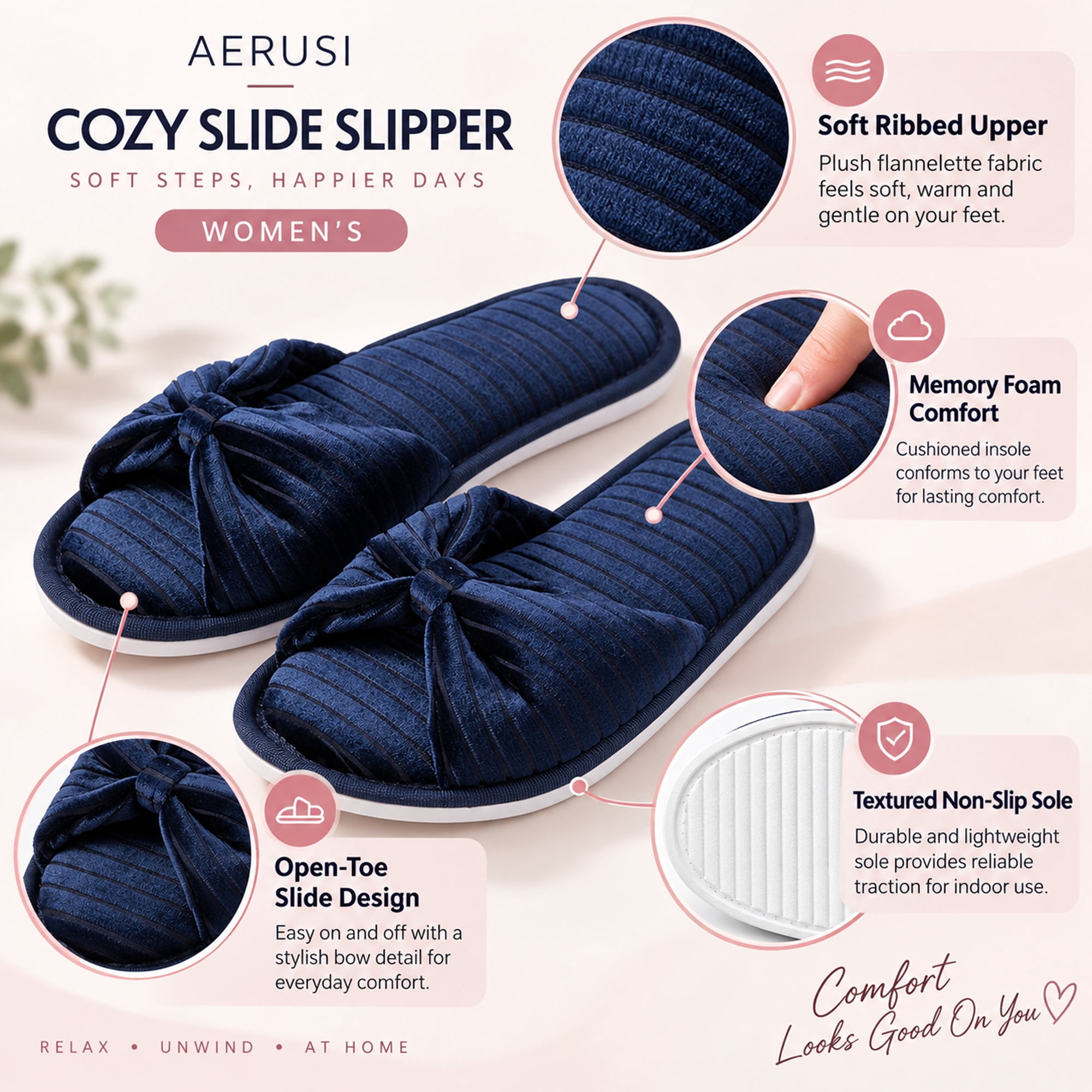 Women’s Memory Foam Open Toe Slide Slippers with Bow, Soft Cushioned Indoor House Shoes, Non-Slip Sole