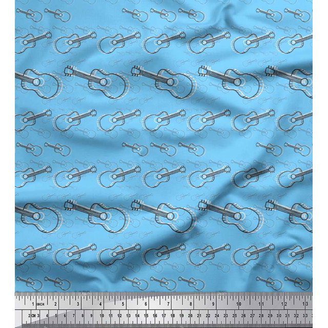 Soimoi Blue polyester Crepe Fabric Sketch Guitar Musical Instrument Printed Fabric 1 Yard 52 Inch Wide