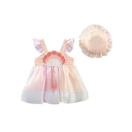 

aturustex Baby Girl Princess Dress Set 9M 12M 18M 24M Fly Sleeve Embroidery Shell Tulle Patchwork A-line Dress with Hat