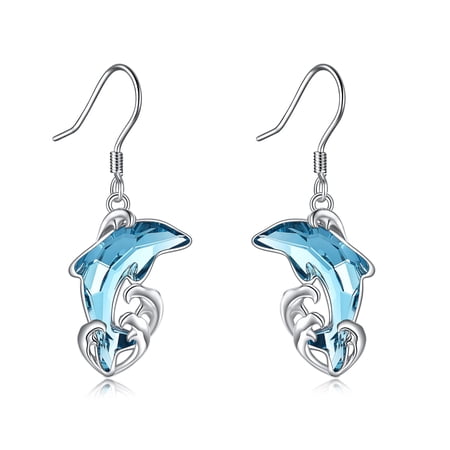 MYSTICPOEM Dolphin Earrings for Women Sterling Silver Crystal Dangle Drop Earrings (rose gold)